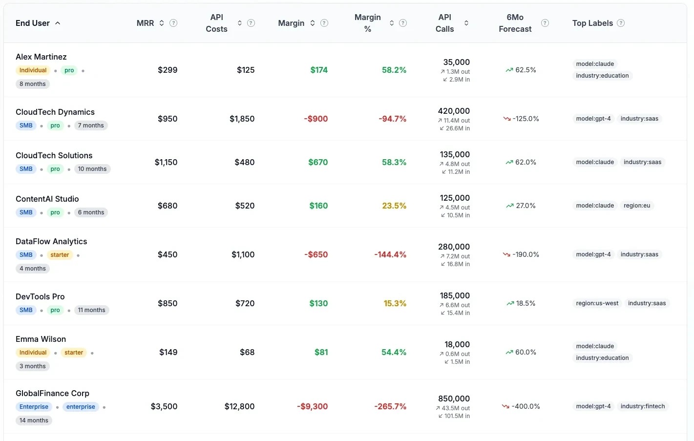 Customer margin table with detailed breakdown by customer showing usage, revenue, costs, and profit margins